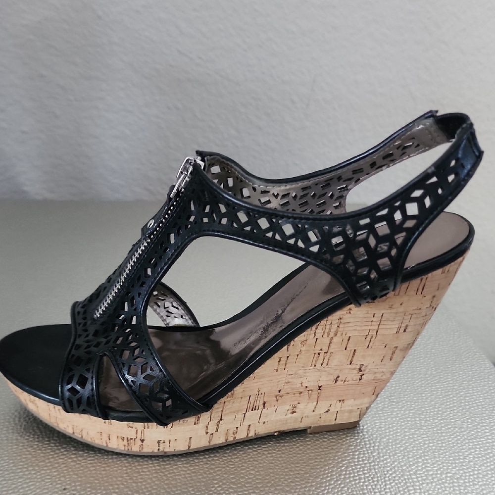 Carlos Santana Black and Tan Wedge Sandals